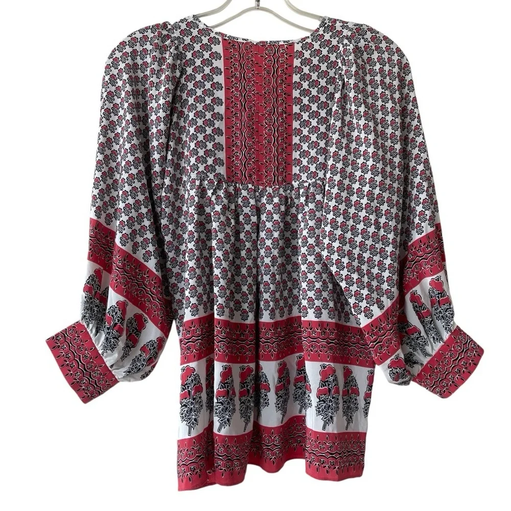 ULLA JOHNSON 100% Silk Printed Tie‎ Neck Peasant Blouse Red Black Cream Size 2